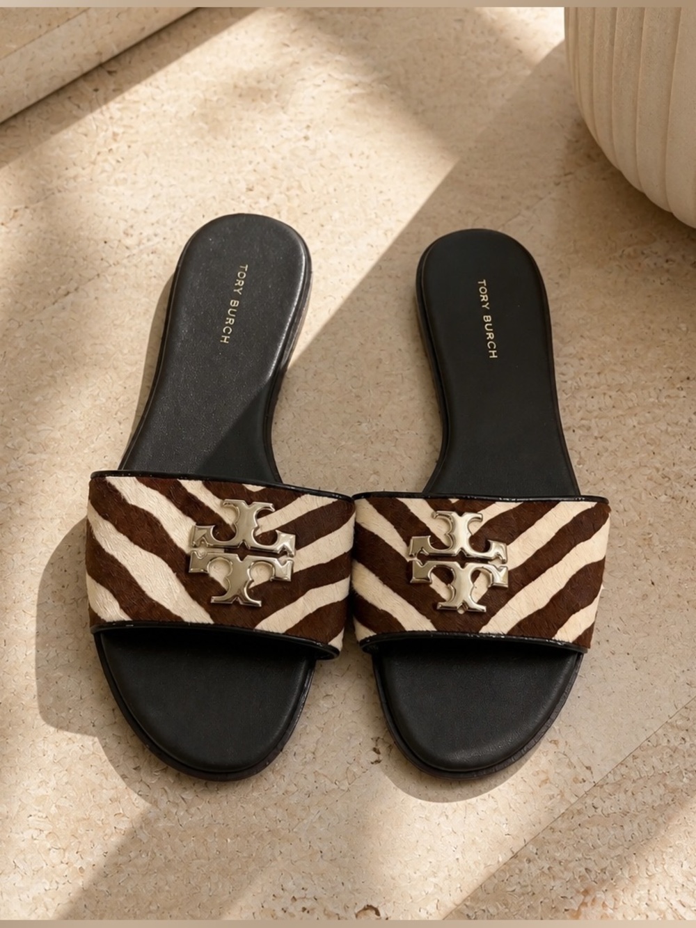 Tory Burch Brown and White Zebra-Print Slide Sandals